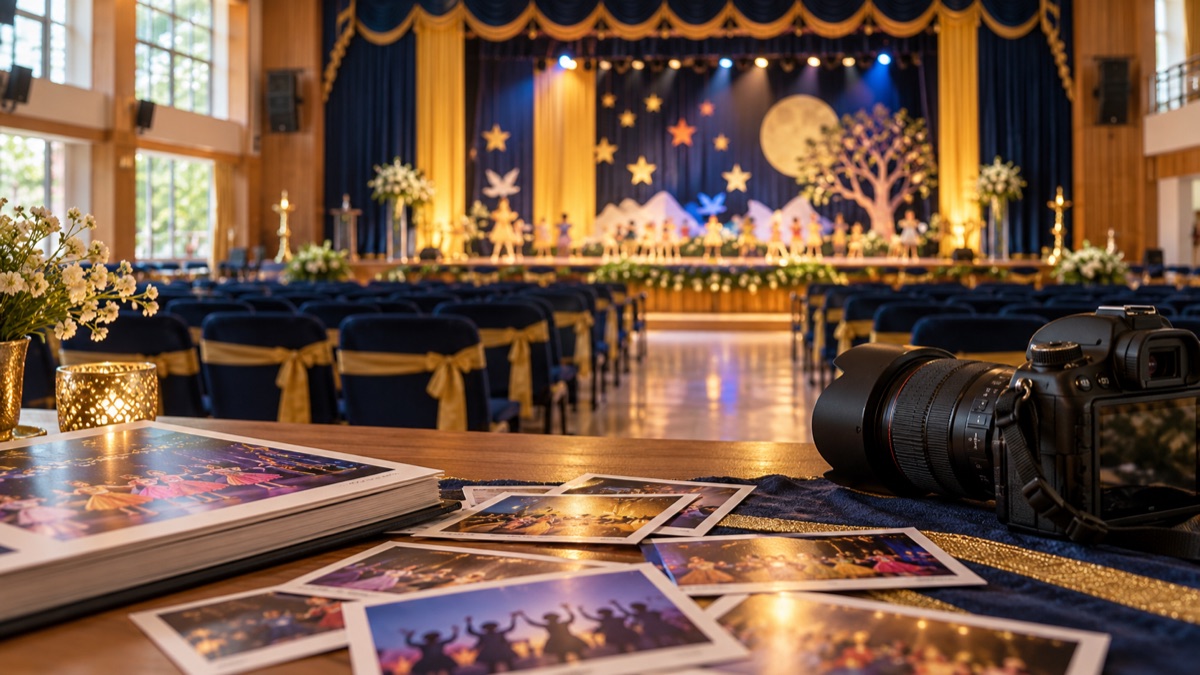 School event stage and photographs, illustrating careful sharing of annual day memories.