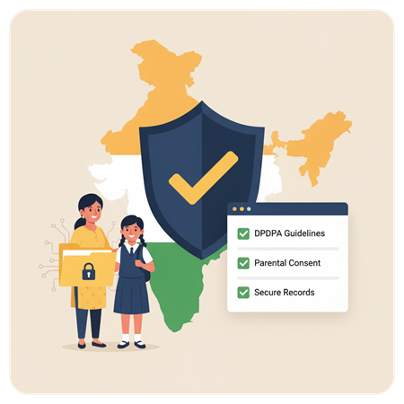 Indian school students with teacher representing data protection compliance